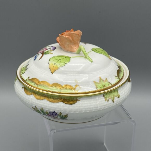 Vtg Herend Queen Victoria Porcelain Rd Box & Lid Trinket Dish with Rose Finial - Picture 11 of 14